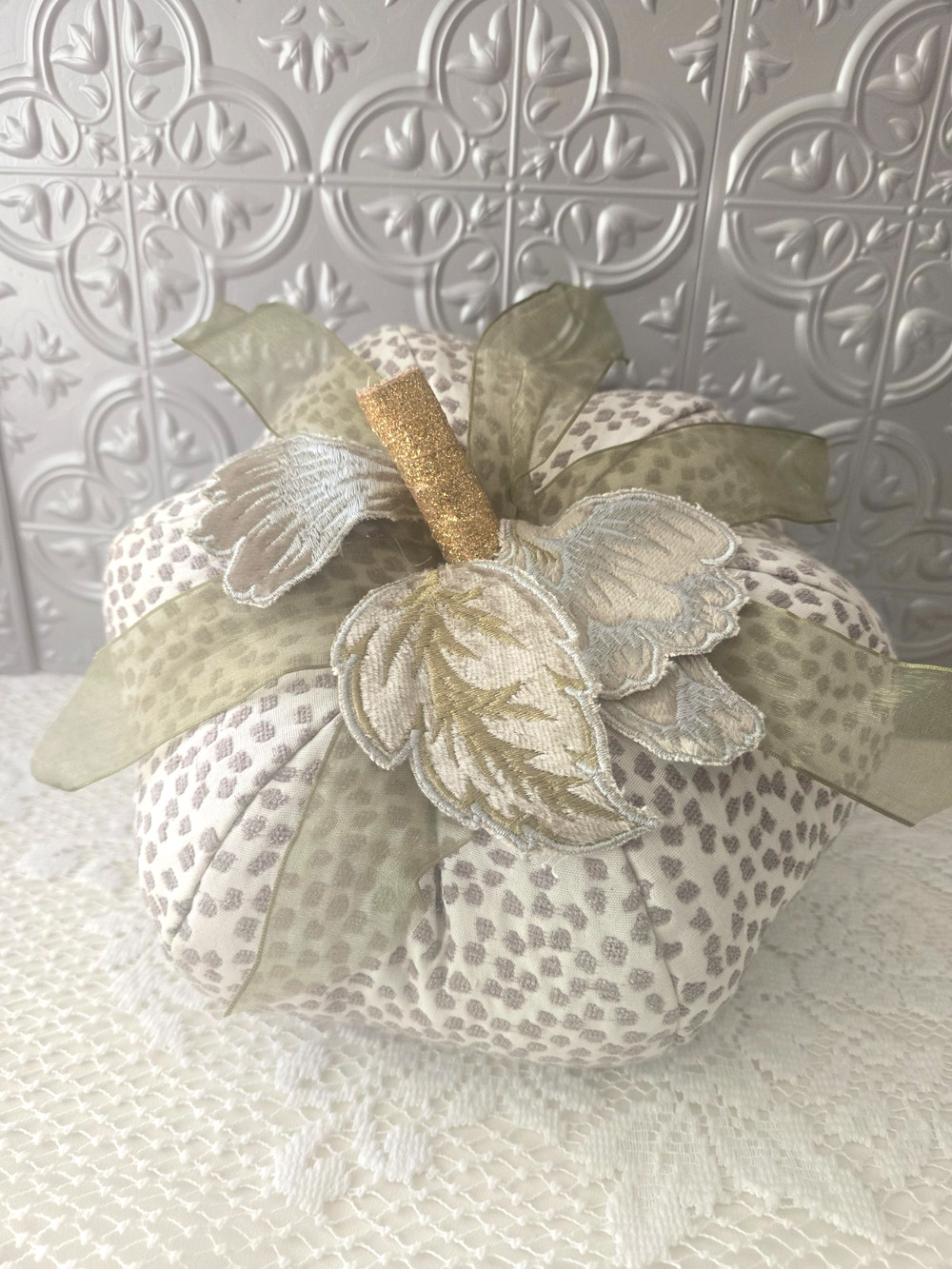 Handmade Pumpkin Embroidered Leafs Green Shear Ribbon Shabby Chic